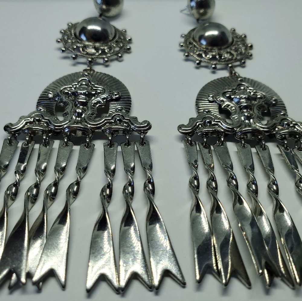 Elizabeth Cole Huge Silver Tone Ornate Statement Dangle Earrings - Picture 2 of 6